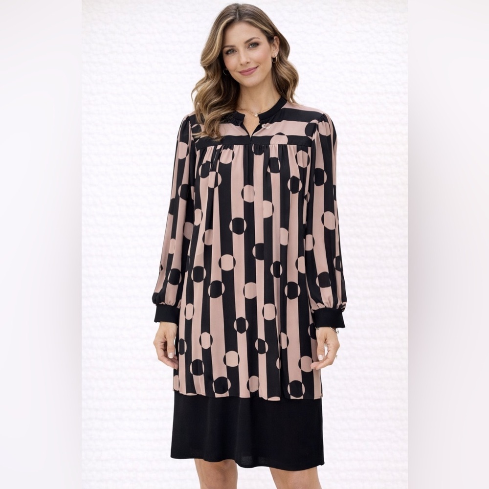✨Joseph Ribkoff Vintage Geometric Shift Dress Black & Cream- No Size tag